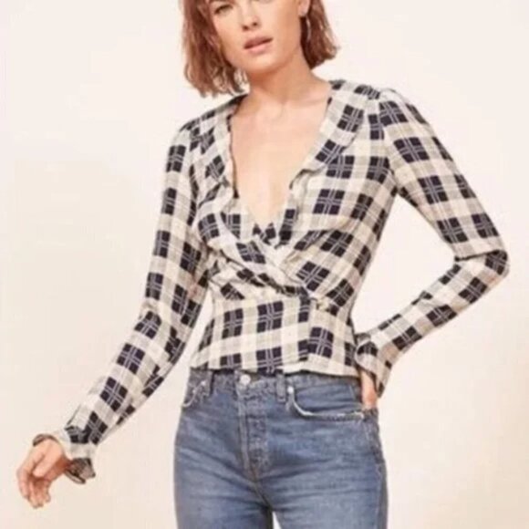Reformation Lee Top Navy Tartan Plaid Wrap Blouse - Picture 5 of 13
